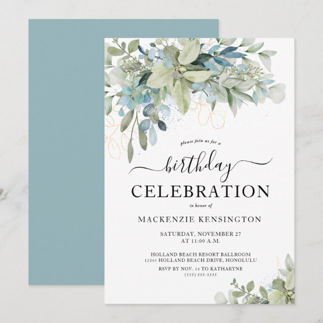 Eucalyptus Dusty Blue Birthday Party Celebration Invitation (Front/Back)