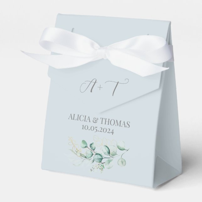 Eucalyptus Dusty Blue Botanical Initials Wedding  Favor Boxes (Front Side)