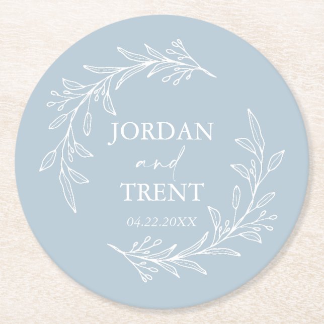 Eucalyptus Dusty Blue Custom Wedding Paper Coaster (Front)