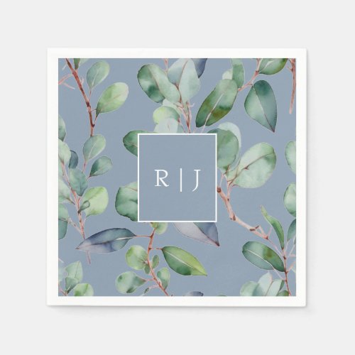 Eucalyptus Dusty Blue Monogram Greenery Wedding Napkins