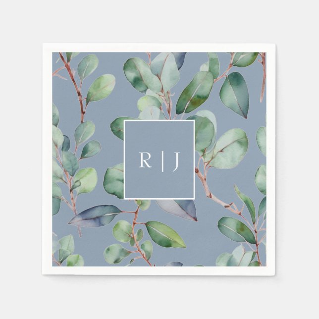 Eucalyptus Dusty Blue Monogram Greenery Wedding Napkins (Front)
