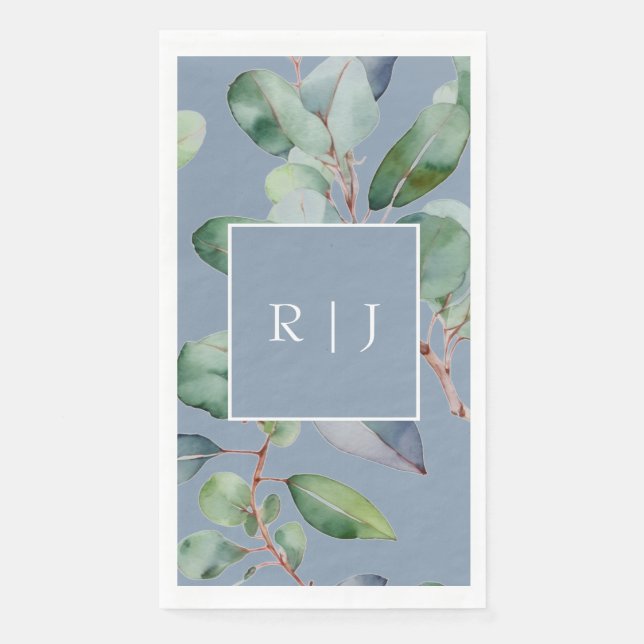 Eucalyptus Dusty Blue Monogram Greenery Wedding Paper Guest Towels (Front)