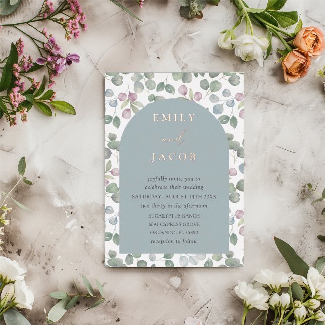 Eucalyptus Dusty Blue & Rose Gold Wedding Foil Invitation (Creator Uploaded)