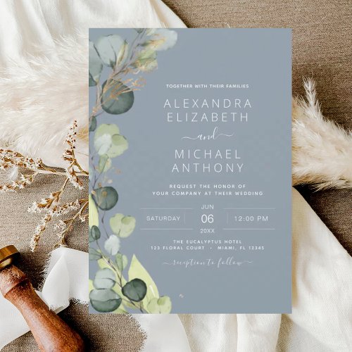 Eucalyptus Dusty Blue Sage Green Gold Wedding Invitation