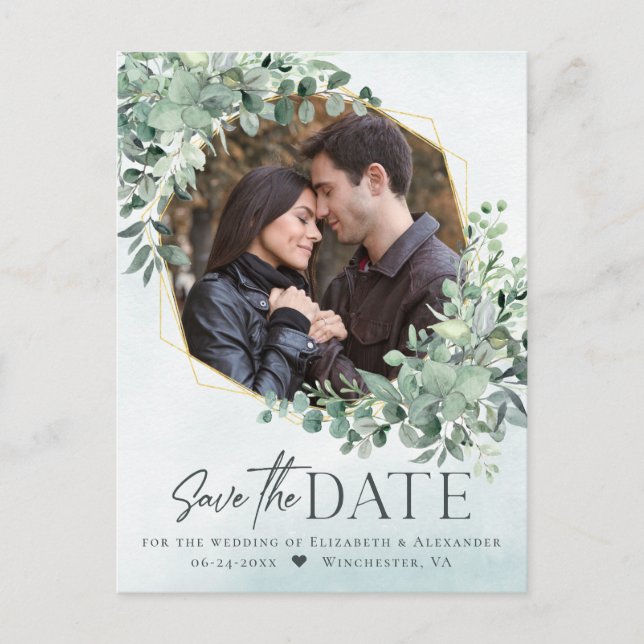 Eucalyptus Dusty Blue Wedding Photo Save the Date Announcement Postcard (Front)