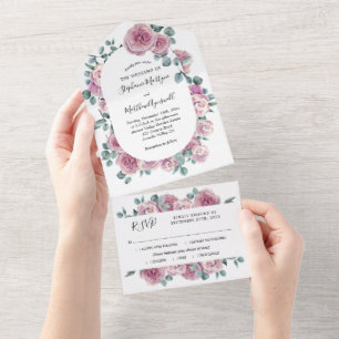 Eucalyptus Dusty Mauve Rose Watercolor Wedding All In One Invitation