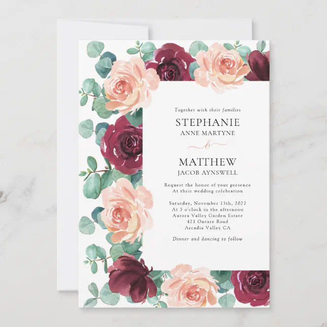 Eucalyptus Dusty Rose Burgundy Botanical Wedding Invitation | Zazzle