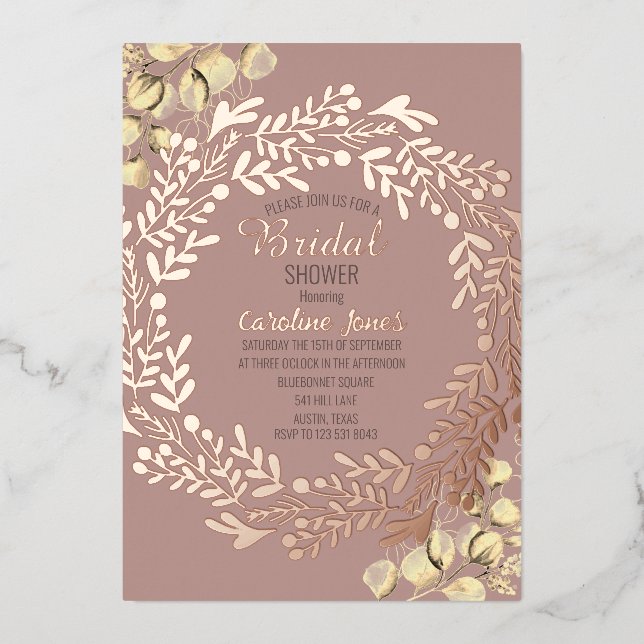 Eucalyptus Dusty Rose Pink Gold Foil Bridal Shower Foil Invitation (Front)