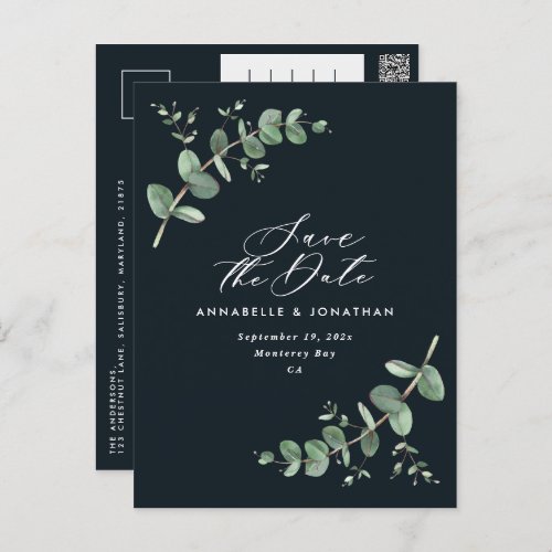Eucalyptus elegant black wedding save the date postcard