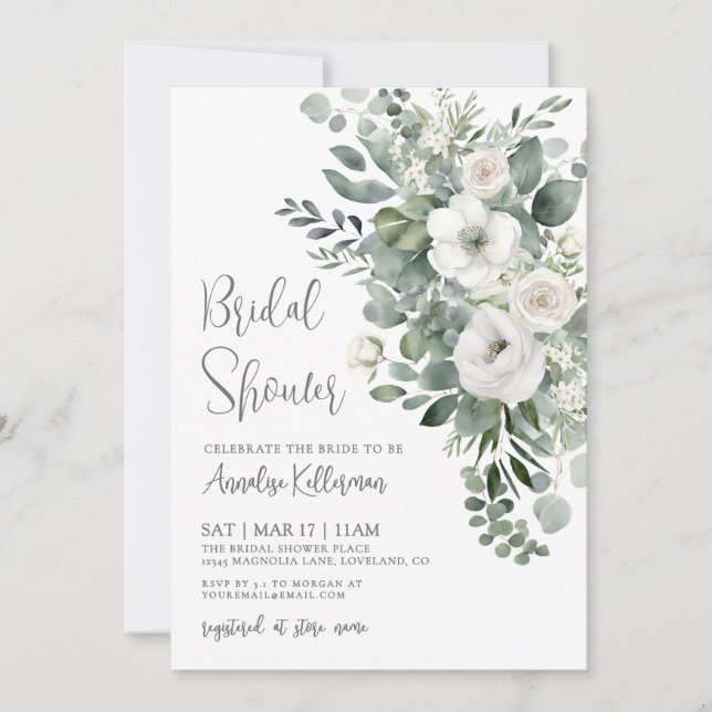 Eucalyptus Elegant Floral Bridal Shower Invitation (Front)
