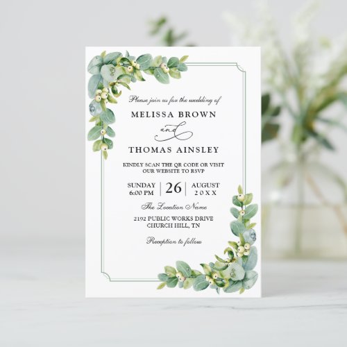 Eucalyptus Elegant Green Budget QR Code Wedding Invitation