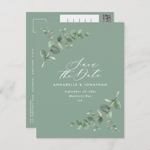 Eucalyptus elegant green wedding save the date postcard