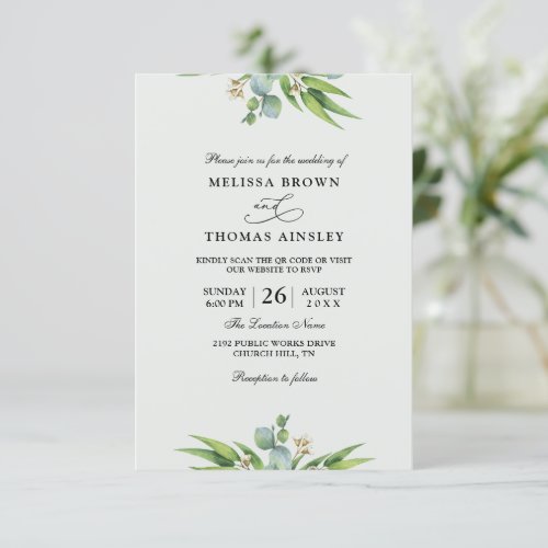 Eucalyptus Elegant Modern Budget Qr Code Wedding Invitation