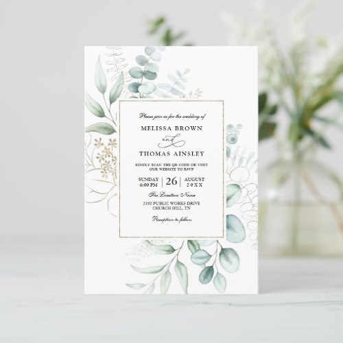 Eucalyptus Elegant Modern Budget Qr Code Wedding Invitation