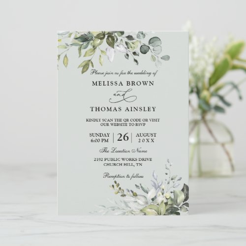 Eucalyptus Elegant Modern Budget QR Code Wedding Invitation