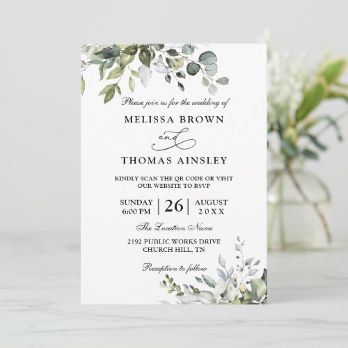 Eucalyptus Elegant Modern Budget QR Code Wedding Invitation