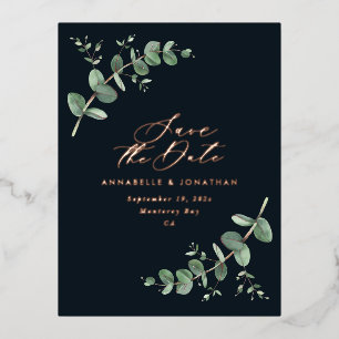 Eucalyptus elegant modern wedding save the date foil holiday postcard