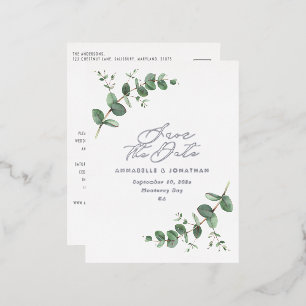 Eucalyptus elegant modern wedding save the date po foil holiday postcard