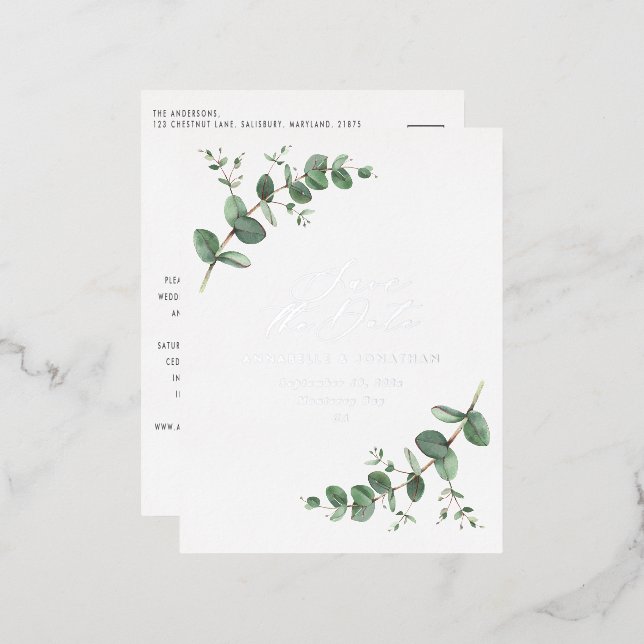 Eucalyptus elegant modern wedding save the date po foil holiday postcard (Front/Back)