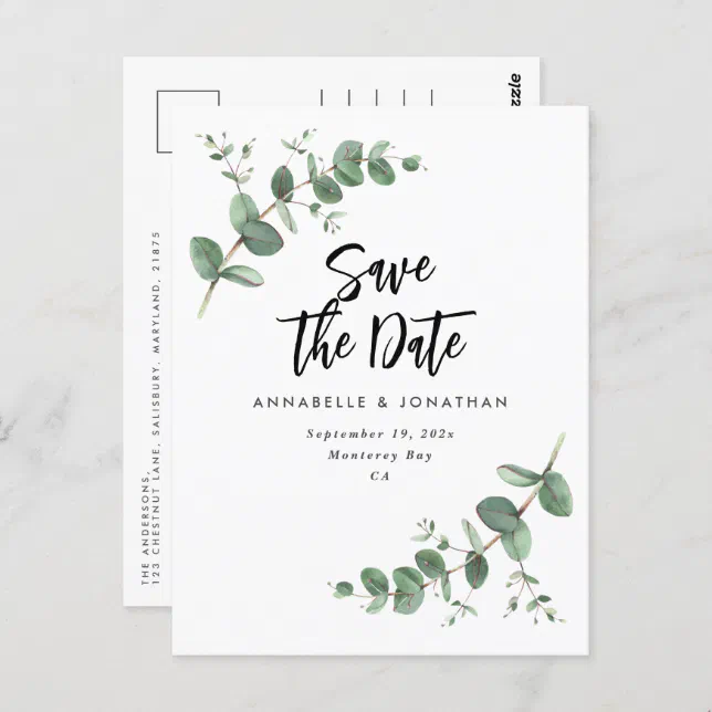 Eucalyptus elegant modern wedding save the date po postcard | Zazzle