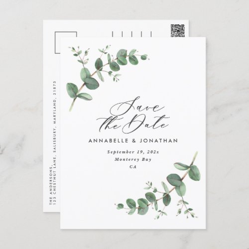 Eucalyptus elegant modern wedding save the date postcard