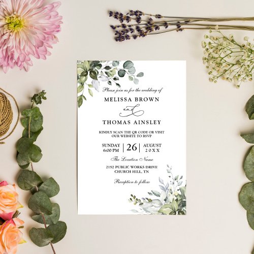 Eucalyptus Elegant Rustic Budget QR Code Wedding Invitation