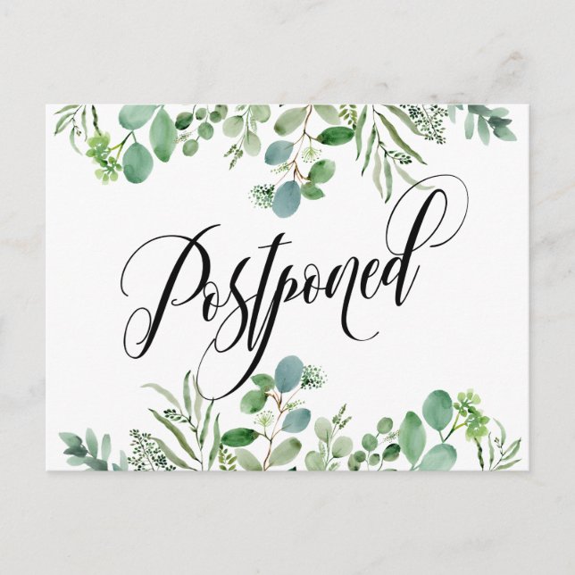 Eucalyptus & Elegant Script Postponed Wedding Postcard (Front)
