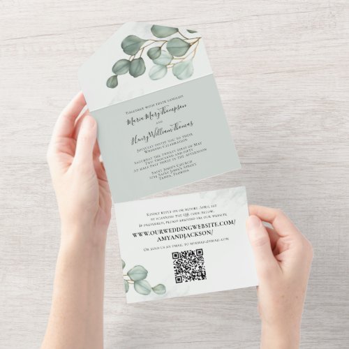 Eucalyptus Elegant Watercolor Foliage QR Code All In One Invitation