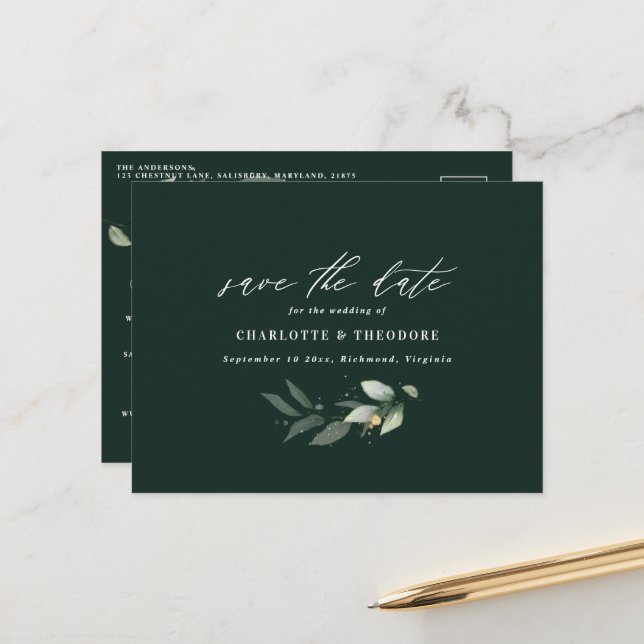 Eucalyptus elegant wedding botanical save the date announcement postcard (Front/Back In Situ)