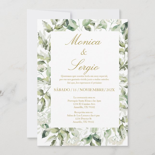 Eucalyptus Elegant Wedding Invitation in Spanish (Front)