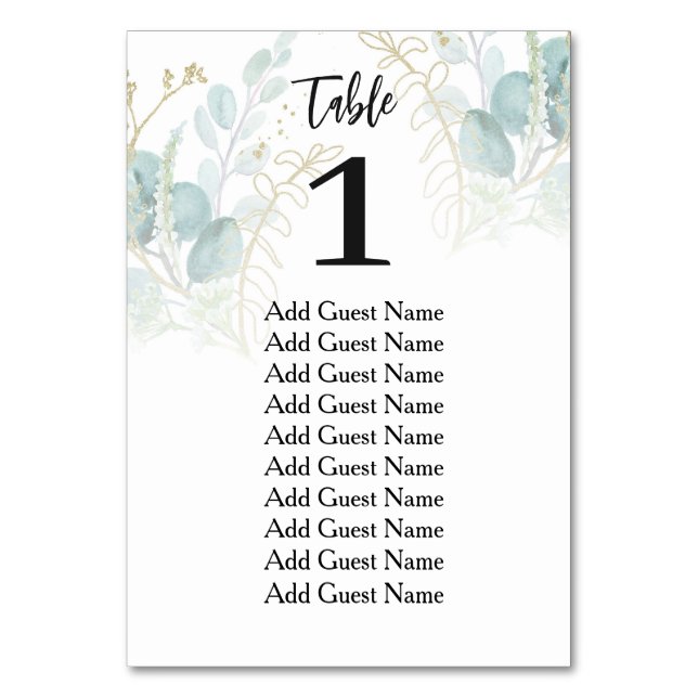 Eucalyptus Elegant Wedding Seating Chart Table Number (Front)
