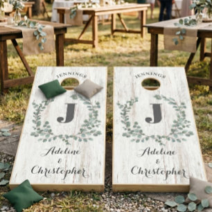 Eucalyptus elegant white wood wedding cornhole set