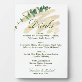 Eucalyptus, Emerald, and Gold Drinks Menu Plaque