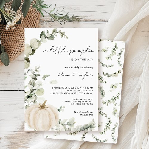 Eucalyptus Fall White Pumpkin Baby Shower Invitation