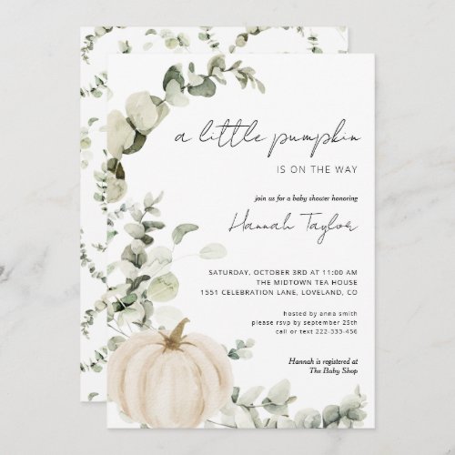 Eucalyptus Fall White Pumpkin Baby Shower Invitation