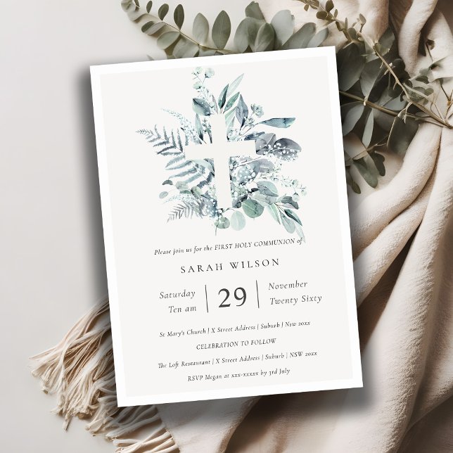 Eucalyptus Fauna Cross First Holy Communion Invite (Creator Uploaded)