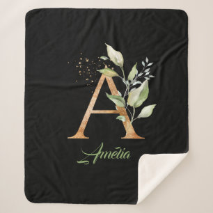 eucalyptus, faux gold foil glitter, green and gold sherpa blanket