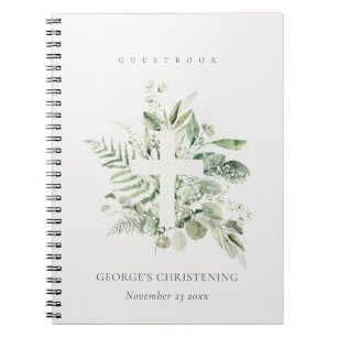 Eucalyptus Fern Fauna Cross Christening Guestbook Notebook