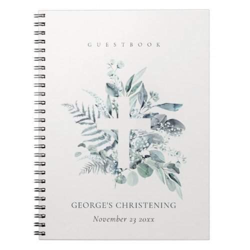 Eucalyptus Fern Fauna Cross Christening Guestbook Notebook