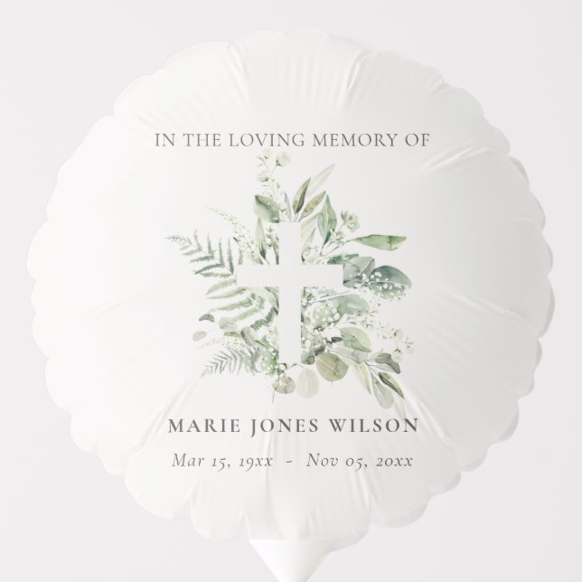 Eucalyptus Fern Fauna Cross Memorial Sympathy Balloon (Front)