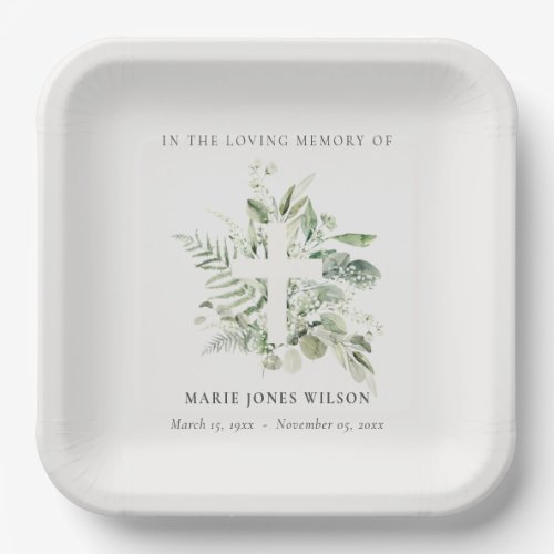 Eucalyptus Fern Fauna Cross Memorial Sympathy Paper Plates