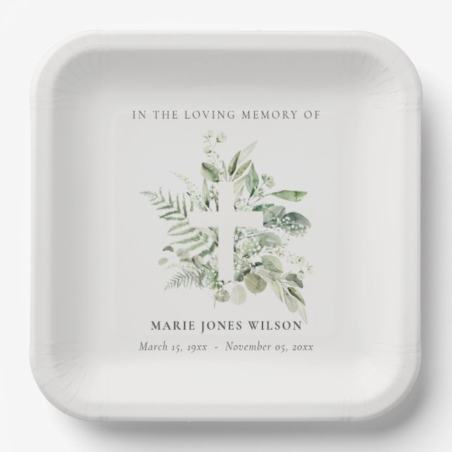 Eucalyptus Fern Fauna Cross Memorial Sympathy Paper Plates (Front)