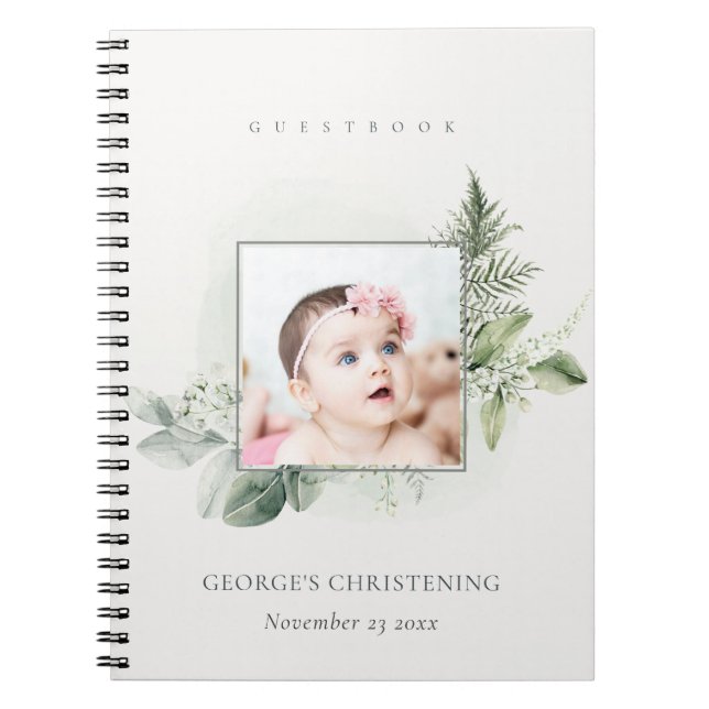 Eucalyptus Fern Fauna Photo Christening Guestbook Notebook (Front)
