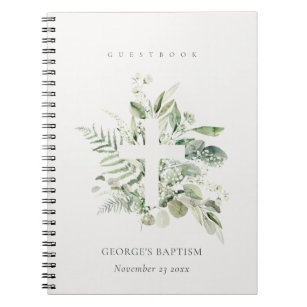 Eucalyptus Fern Foliage Cross Baptism Guestbook Notebook