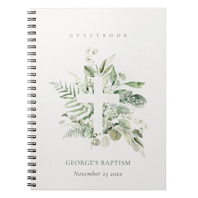 Eucalyptus Fern Foliage Cross Baptism Guestbook Notebook (Front)