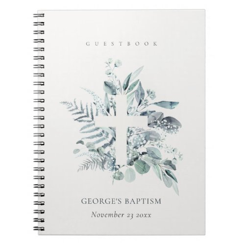 Eucalyptus Fern Foliage Cross Baptism Guestbook Notebook