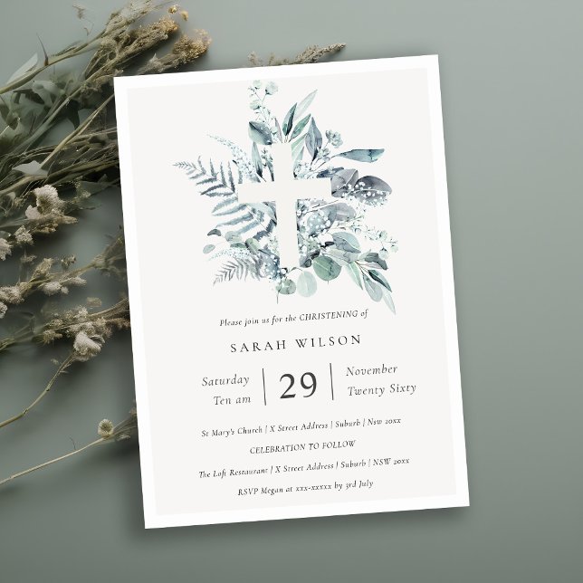 Eucalyptus Fern Foliage Cross Christening Invite (Creator Uploaded)