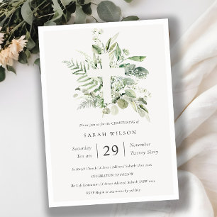 Eucalyptus Fern Foliage Cross Christening Invite