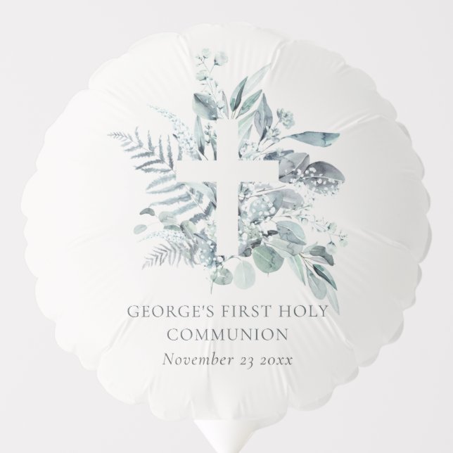 Eucalyptus Fern Foliage Cross First Holy Communion Balloon (Front)