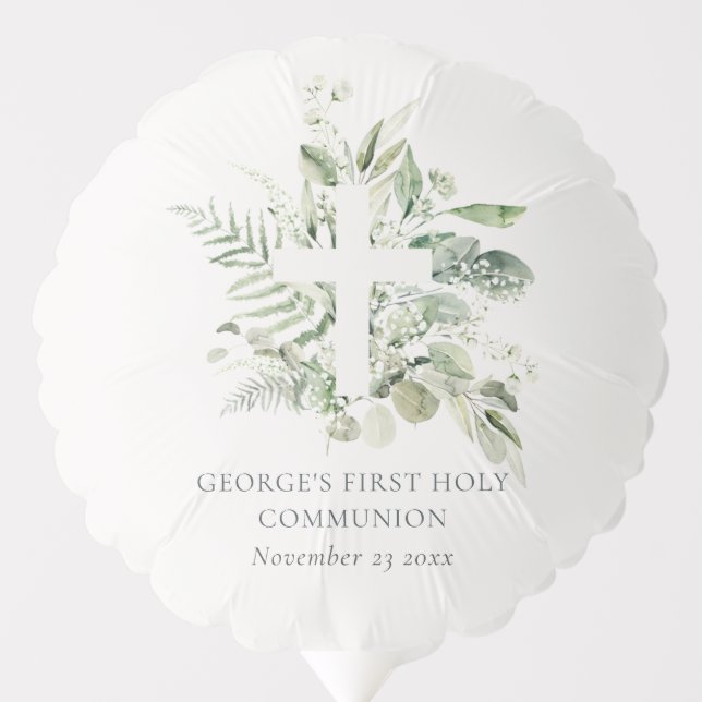 Eucalyptus Fern Foliage Cross First Holy Communion Balloon (Front)